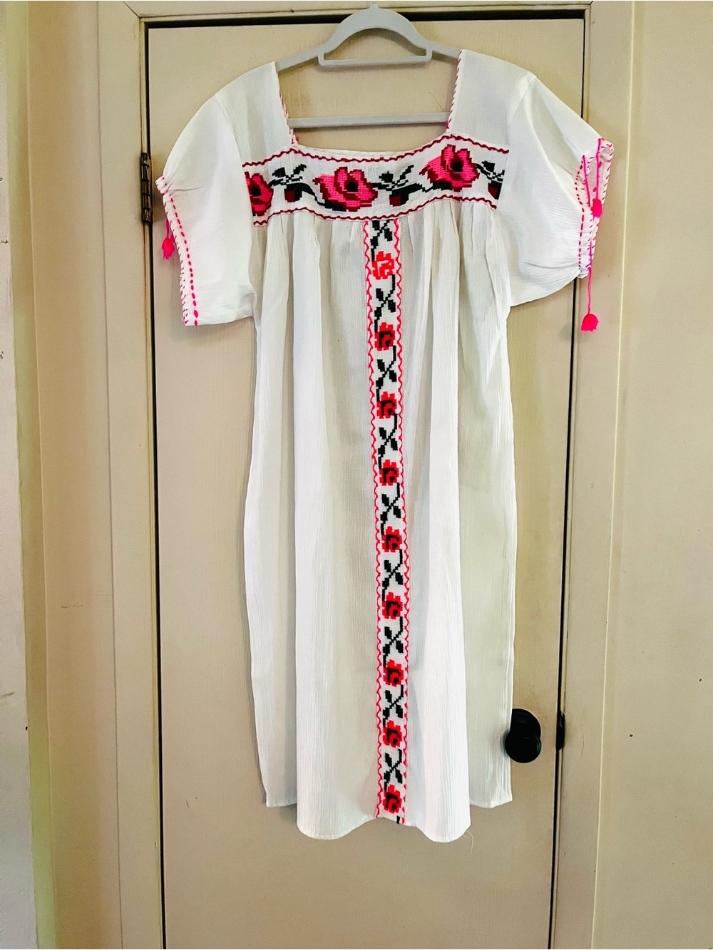 VTG 70s Mexican Folk Embroidered Festival Beach Boho Cotton Caftan Tunic Dress